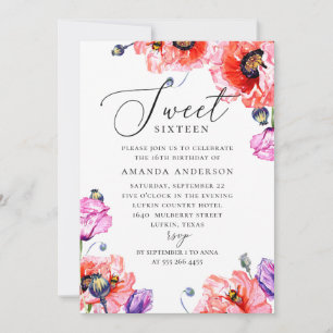 Watercolor poppy Sweet 16. Elegant 16th birthday Invitation