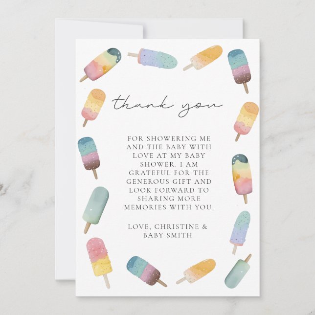 Watercolor Popsicle Baby Shower  Thank You Card (Front)
