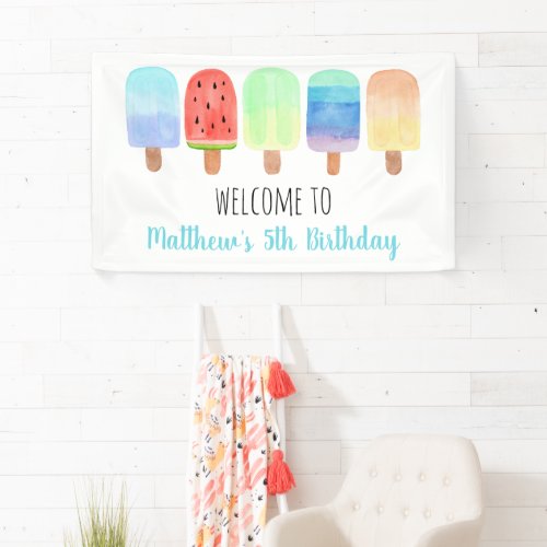 Watercolor Popsicle Blue Boy Birthday Banner
