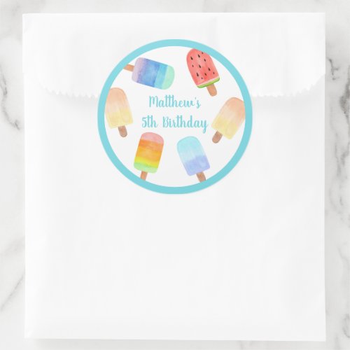 Watercolor Popsicle Blue Boy Birthday Classic Round Sticker