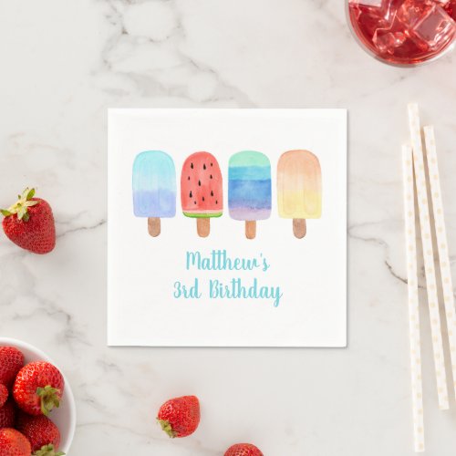 Watercolor Popsicle Blue Boy Birthday Napkins