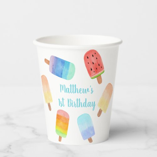 Watercolor Popsicle Blue Boy Birthday Paper Cups