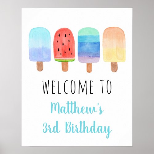 Watercolor Popsicle Blue Boy Birthday Welcome Poster
