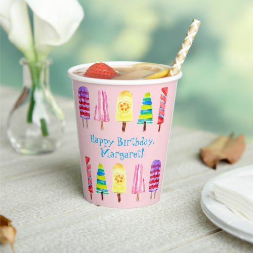Watercolor Popsicle Hand Illustrated Birthday  Paper Cups