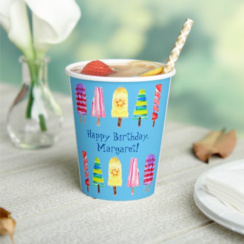 Watercolor Popsicle Hand Illustrated Blue Birthday Paper Cups