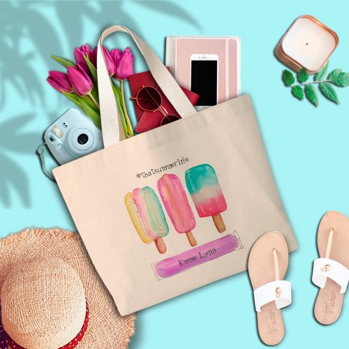 Watercolor Popsicle Ice Cream Cute Summer Add Name Large Tote Bag