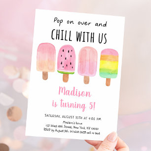 Watercolor Popsicle Pink Girl Birthday Invitation
