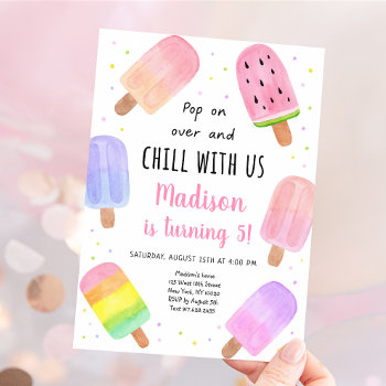 Watercolor Popsicle Pink Girl Birthday Invitation by LittlePrintsParties at Zazzle