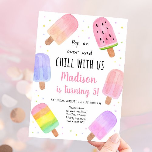 Watercolor Popsicle Pink Girl Birthday Invitation
