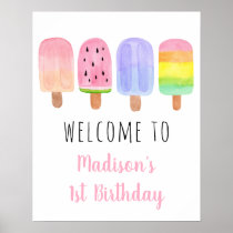 Watercolor Popsicle Pink Girl Birthday Welcome Poster