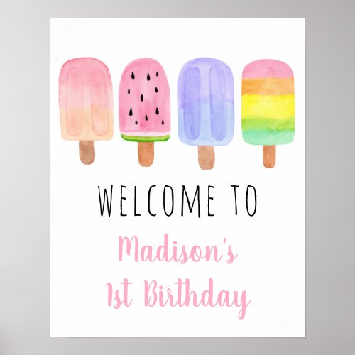 Watercolor Popsicle Pink Girl Birthday Welcome Poster
