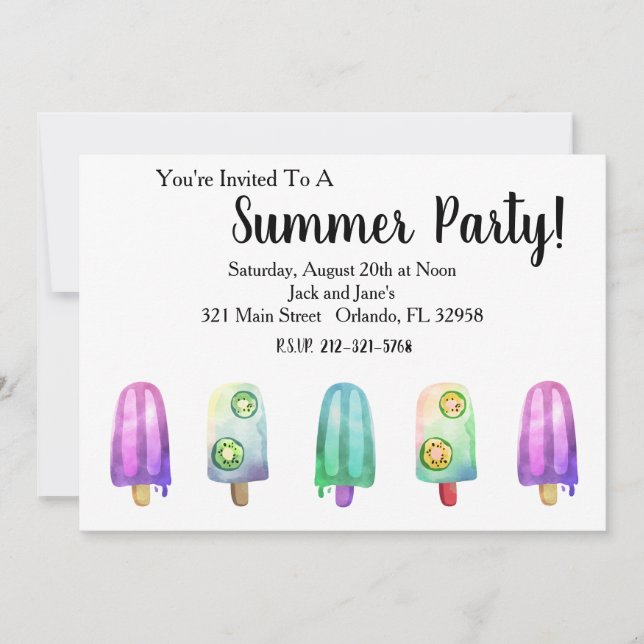Watercolor Popsicle Summer Party Invitation (Front)