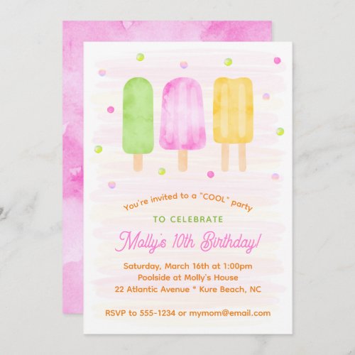 Watercolor Popsicles Colorful Girl 3rd Birthday Invitation