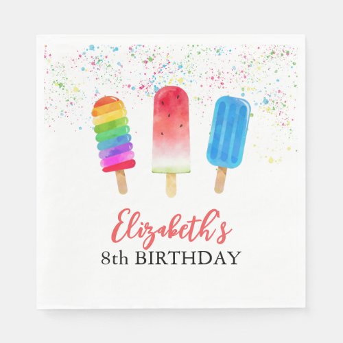 Watercolor Popsicles Custom Name Birthday Napkins 