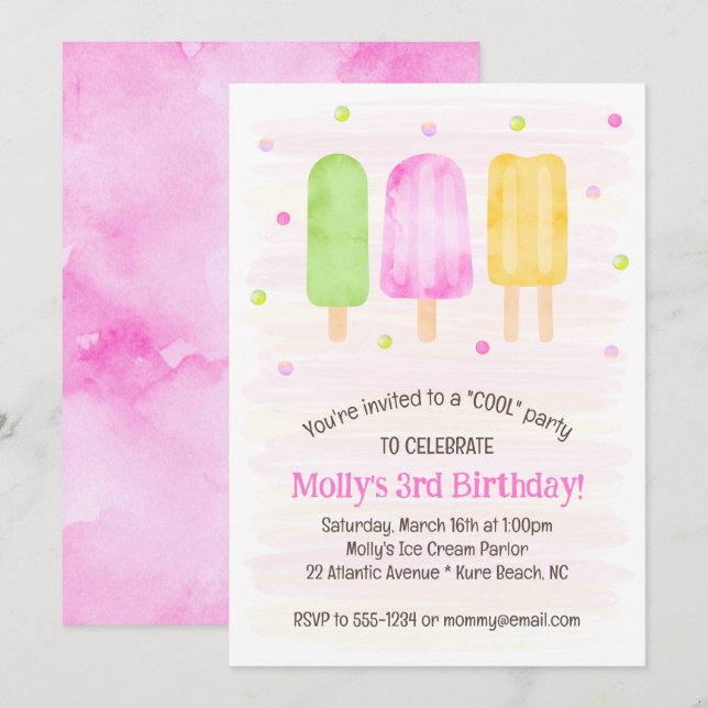 Watercolor Popsicles Cute Pink Girl 3rd Birthday Invitation (Front/Back)