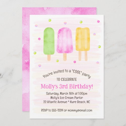 Watercolor Popsicles Cute Pink Girl 3rd Birthday Invitation