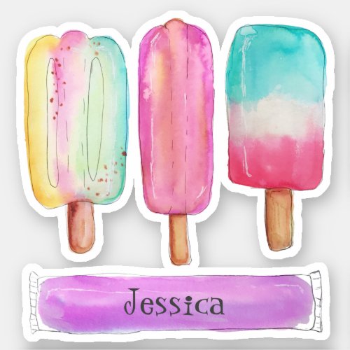 Watercolor Popsicles Ice Cream Colorful Add Name Sticker