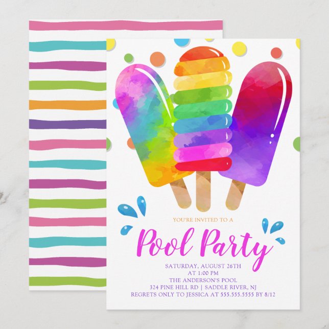 Watercolor Popsicles Pool Party Invitation (Front/Back)