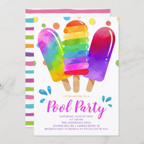 Watercolor Popsicles Pool Party Invitation
