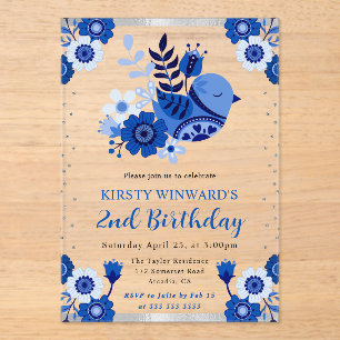Watercolor Porcelain Floral Bird Birthday Acrylic Invitations