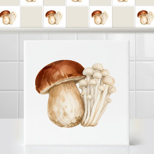 Watercolor Porcini Shimeji Wild Mushrooms Art Ceramic Tile