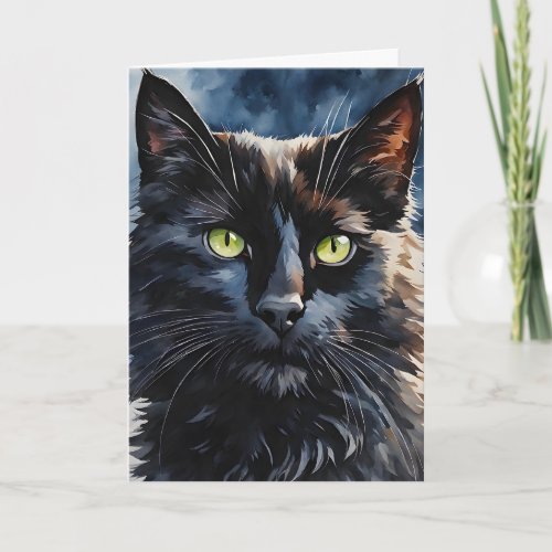 Watercolor Portrait Black Cat Green Eyes Blank Card
