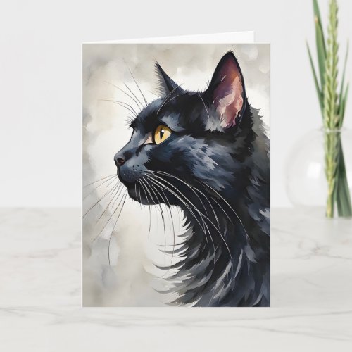 Watercolor Portrait Black Cat Profile Pose Blank Card