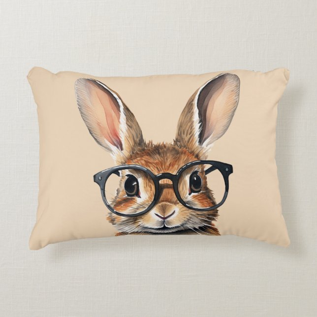 Watercolor Portrait Cute Rabbit With Glasses Accent Pillow (Front)