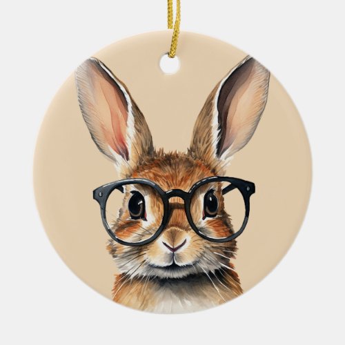 Watercolor Portrait Cute Rabbit With Glasses Ceramic Ornament