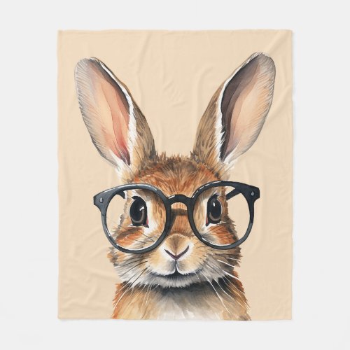 Watercolor Portrait Cute Rabbit With Glasses Fleece Blanket
