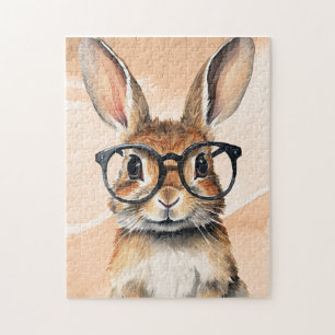 Watercolor Portrait Cute Rabbit With Glasses Jigsaw Puzzle