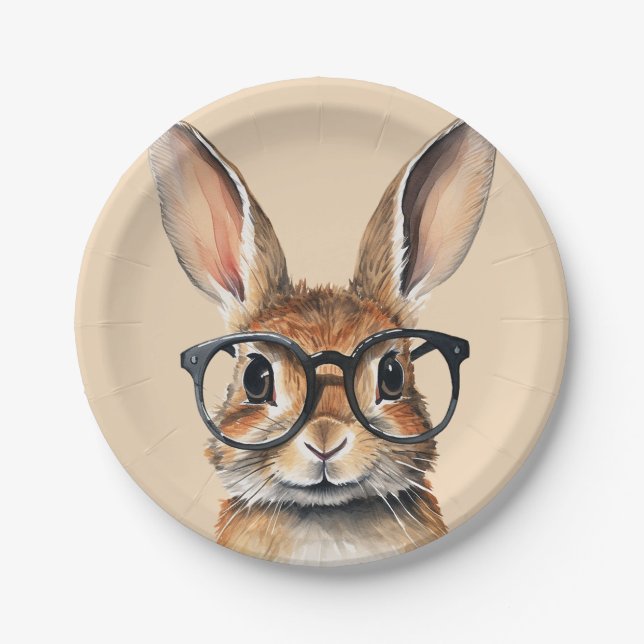 Watercolor Portrait Cute Rabbit With Glasses Paper Plates (Front)