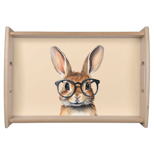 Watercolor Portrait Cute Rabbit With Glasses Serving Tray