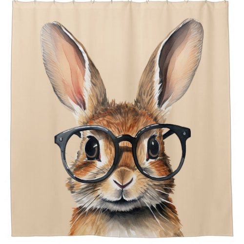 Watercolor Portrait Cute Rabbit With Glasses Shower Curtain