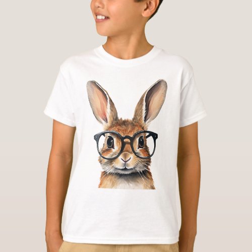 Watercolor Portrait Cute Rabbit With Glasses T_Shirt