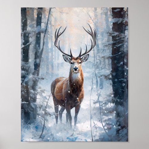 Watercolor Portrait of a Deer in Winter Forest Poster