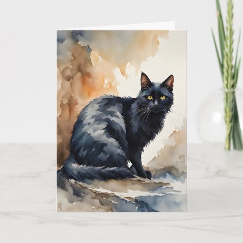Watercolor Portrait of Black Cat Blank Greeting  Card
