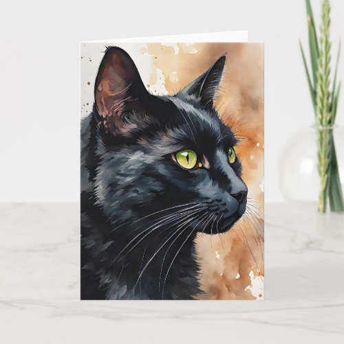 Watercolor Portrait of Black Cat Green Eyes Blank Card