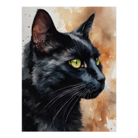 Watercolor Portrait of Black Cat Green Eyes Pose