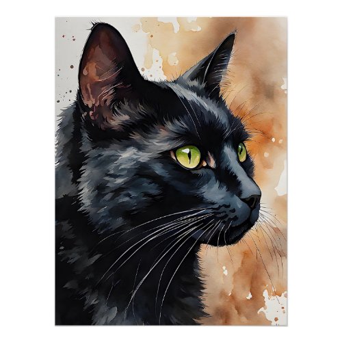 Watercolor Portrait of Black Cat Green Eyes Pose Poster