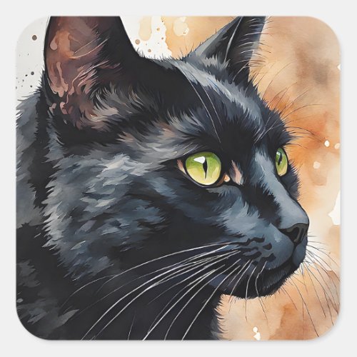 Watercolor Portrait of Black Cat Green Eyes Pose Square Sticker