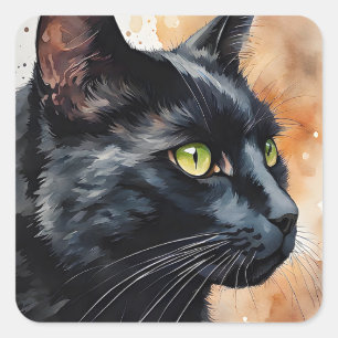Watercolor Portrait of Black Cat Green Eyes Pose Square Sticker