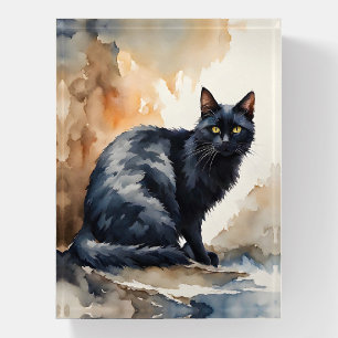 Watercolor Portrait of Black Cat Pose Paperweight