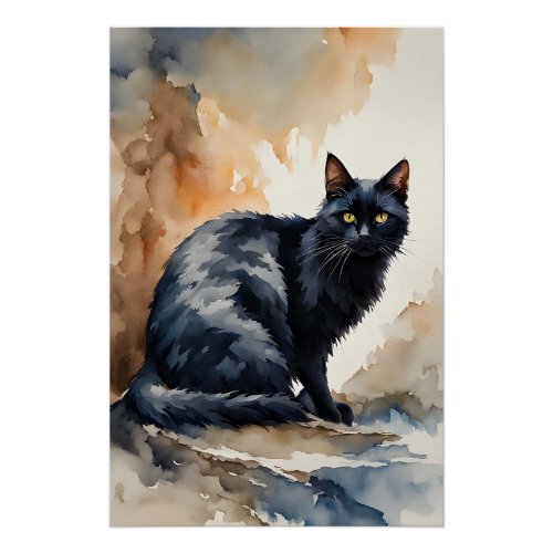Watercolor Portrait of Black Cat Pose Poster