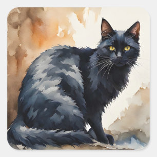 Watercolor Portrait of Black Cat Pose Square Sticker