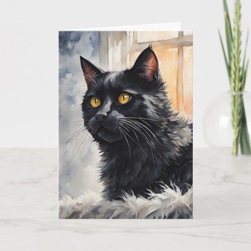 Watercolor Portrait of Black Cat Pose Windows Card