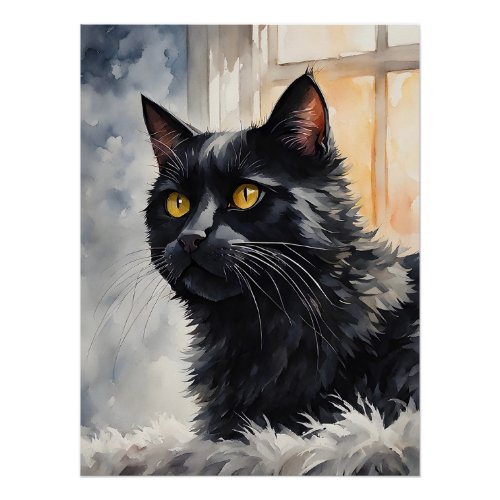 Watercolor Portrait of Black Cat Pose Windows Poster