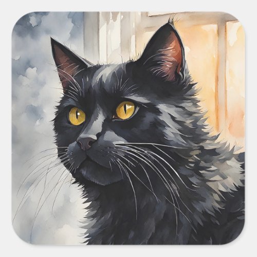 Watercolor Portrait of Black Cat Pose Windows Square Sticker