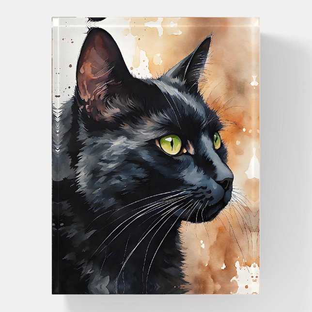 Watercolor Portrait of Black Cat Profile Pose Paperweight (Vertical)