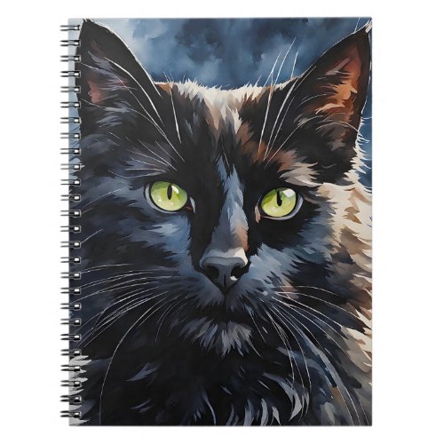 Watercolor Portrait of Black Cat with Green Eyes  Notebook